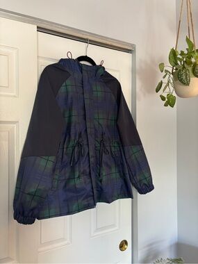 Navy & Green Plaid Hooded Rain Jacket